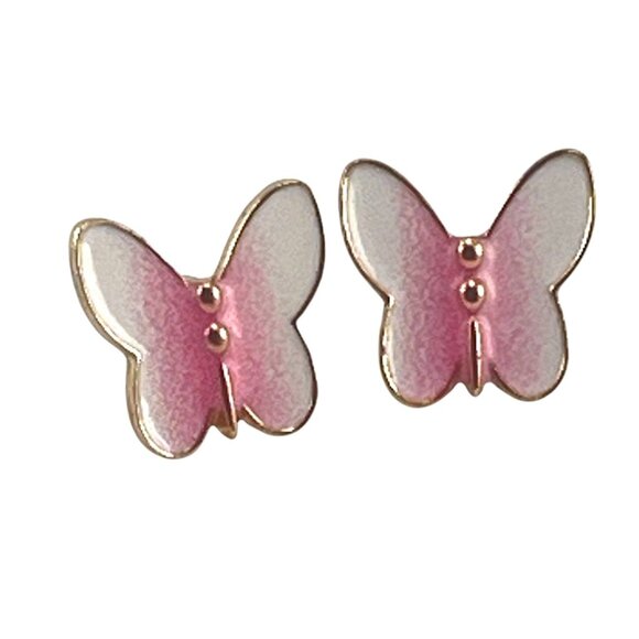 Butterfly Enamel Stud Earrings Pink & White - Picture 1 of 8